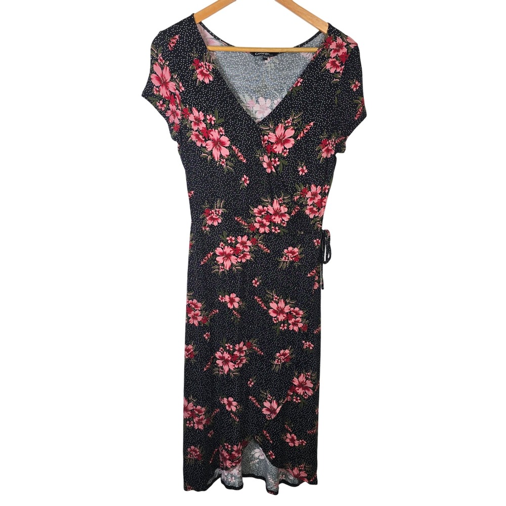 Cherry Blossom Black Floral Polka Dot Wrap Midi Dress Size Medium M Women‎